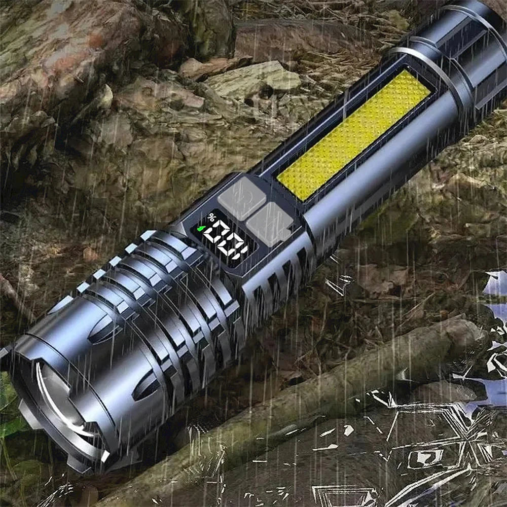 High Power LED Flashlight Powerful TYPE-C Rechargeable COB Flashlight With Side Light Torch For Outdoor Camping Hiking